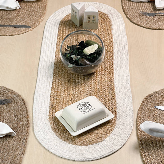 Oval Jute table runner with white border