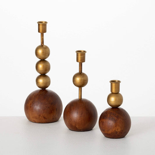 Gold & Wood Orb Taper Candleholders