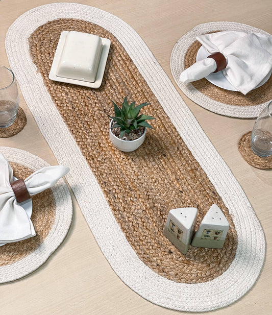 Oval Jute table runner with white border