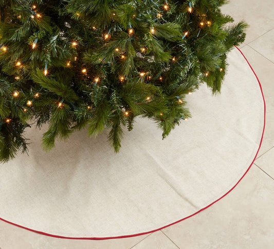 Natural Linen Blend Tree Skirt with Red Piping