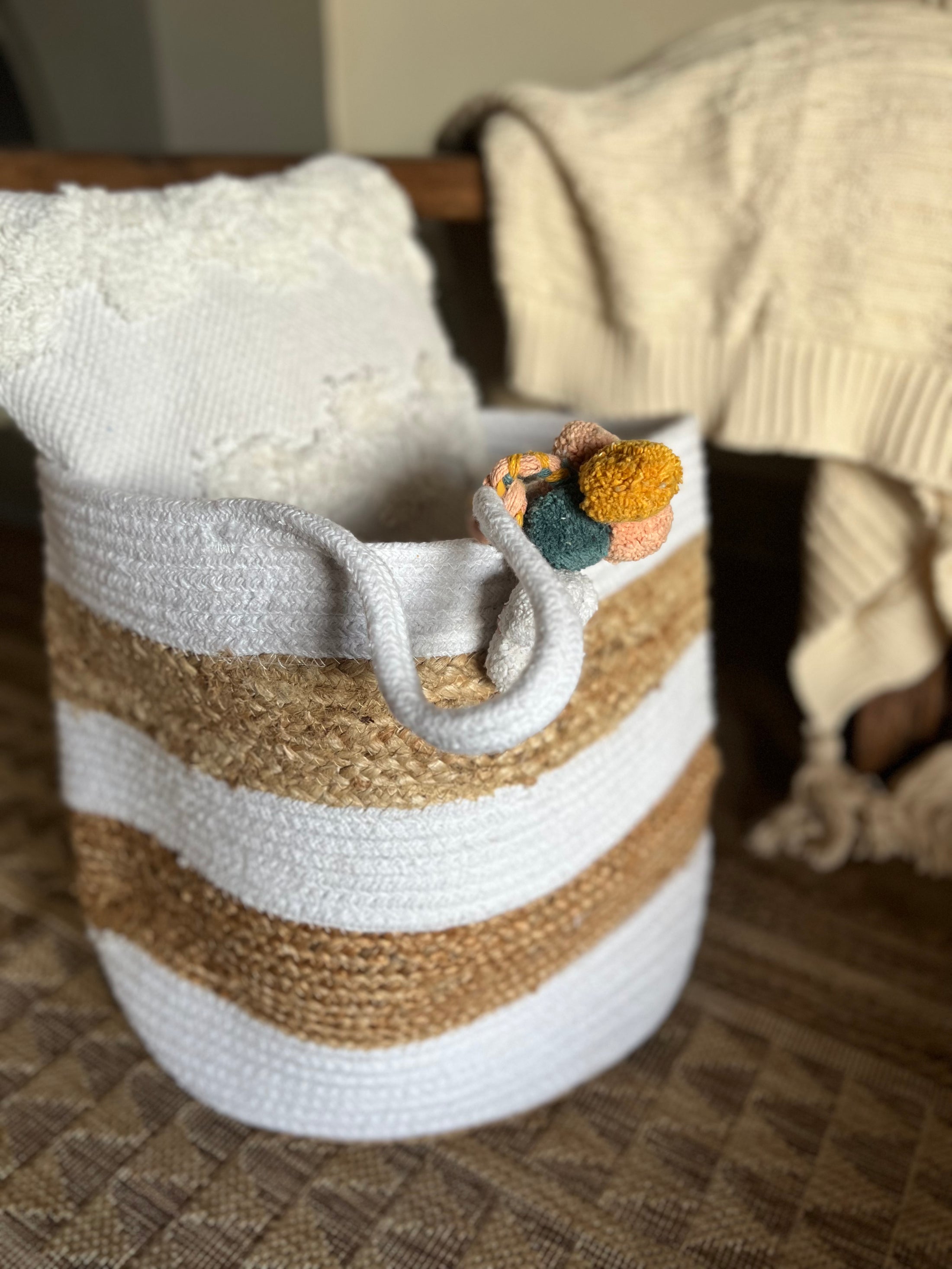 White Block Large Cotton Jute Basket