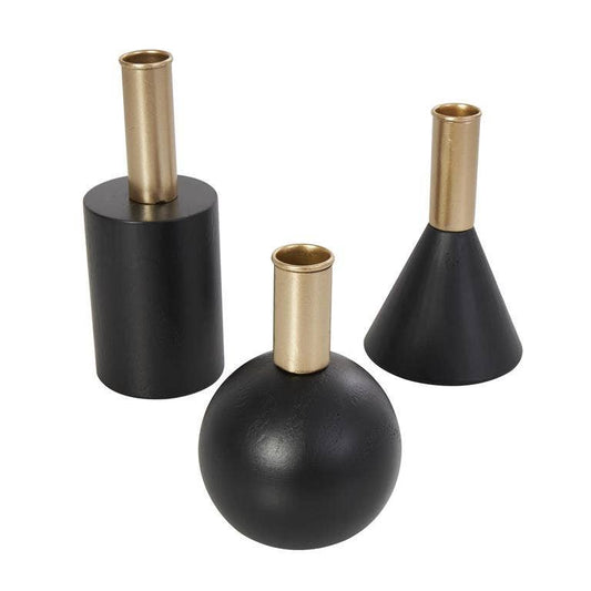 Black & Gold Taper Candle Holder Set